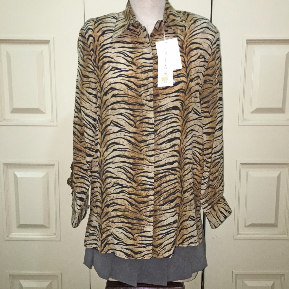 Piano Animal Print Long Sleeve 100% Silk Blouse